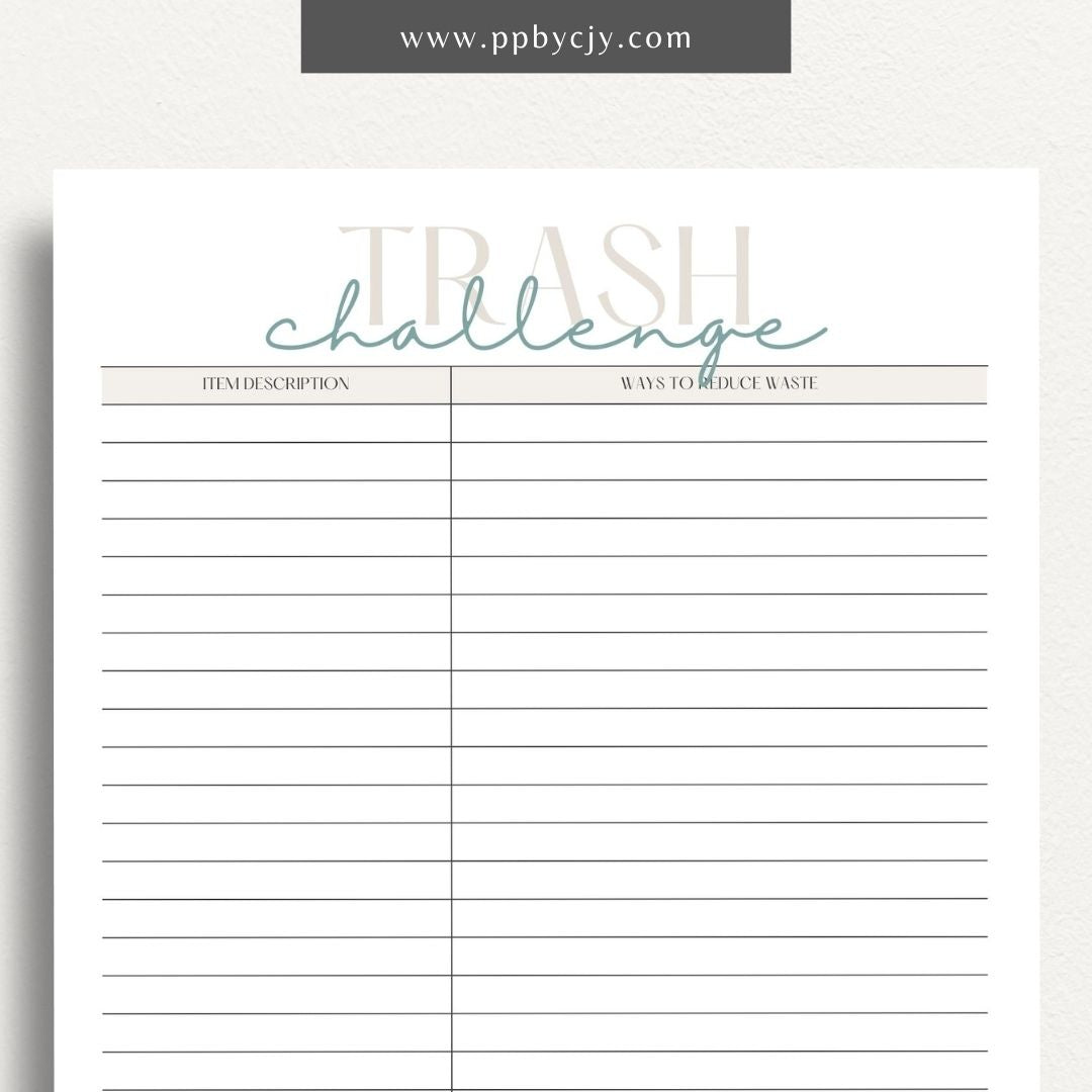 Eco-Friendly Trash Challenge Printable Template – Digital download for organizing and tracking efforts to reduce waste, including goals, activities, and progress in an eco-friendly trash challenge