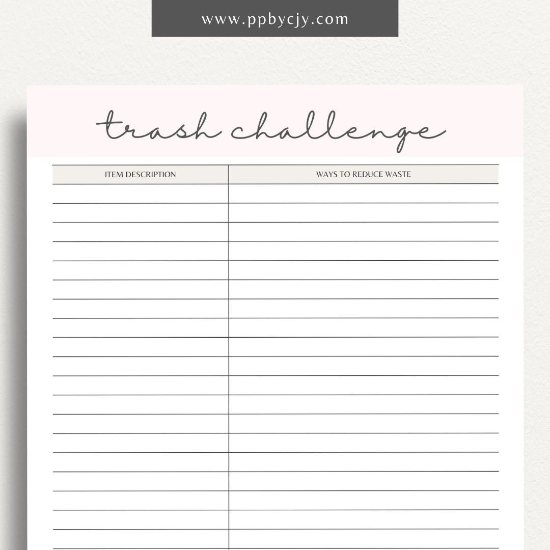 Eco-Friendly Trash Challenge Printable Template – Digital download for organizing and tracking efforts to reduce waste, including goals, activities, and progress in an eco-friendly trash challenge