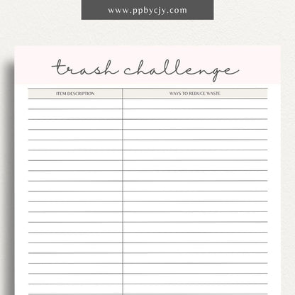 Eco-Friendly Trash Challenge Printable Template – Digital download for organizing and tracking efforts to reduce waste, including goals, activities, and progress in an eco-friendly trash challenge