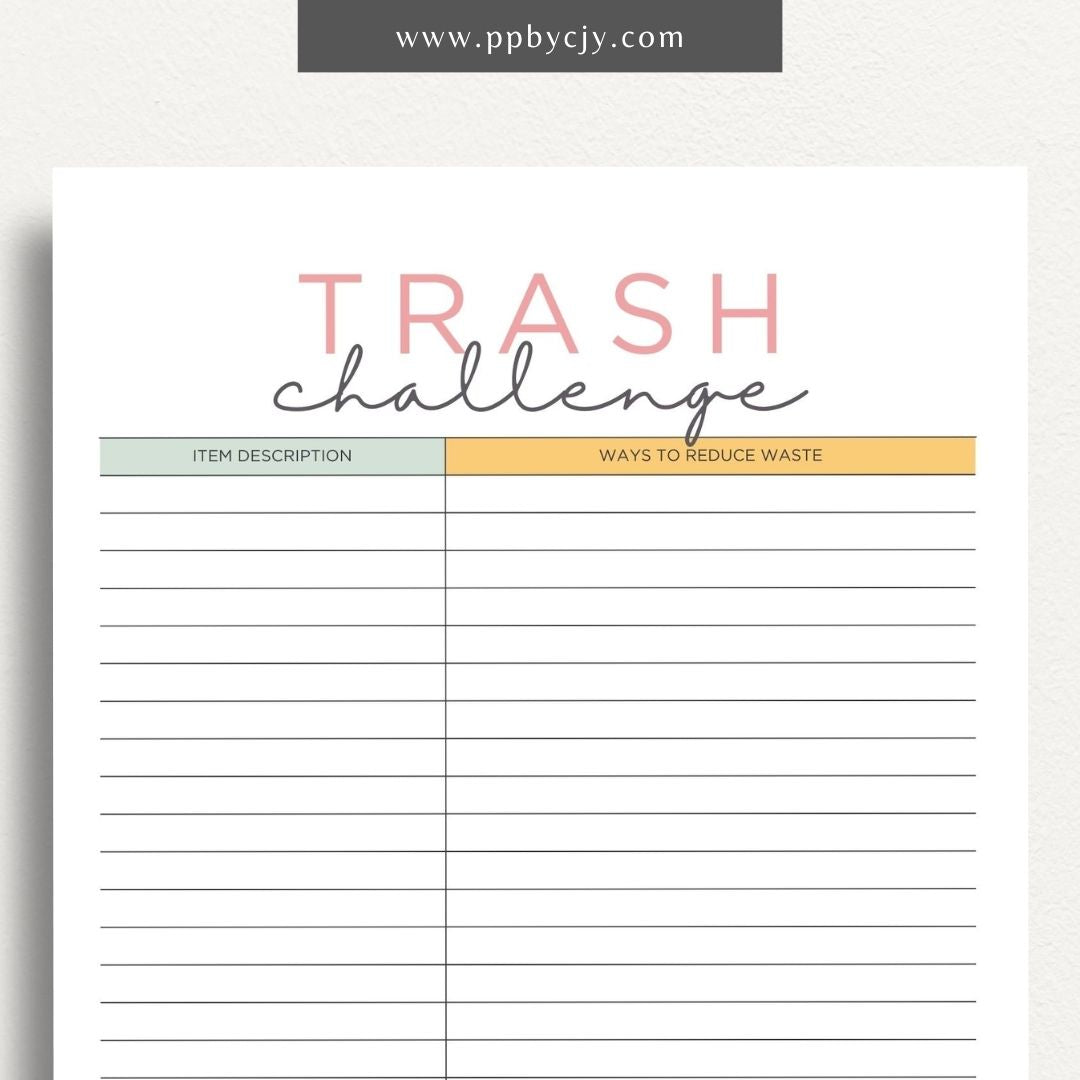 Eco-Friendly Trash Challenge Printable Template – Digital download for organizing and tracking efforts to reduce waste, including goals, activities, and progress in an eco-friendly trash challenge