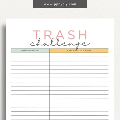 Eco-Friendly Trash Challenge Printable Template – Digital download for organizing and tracking efforts to reduce waste, including goals, activities, and progress in an eco-friendly trash challenge