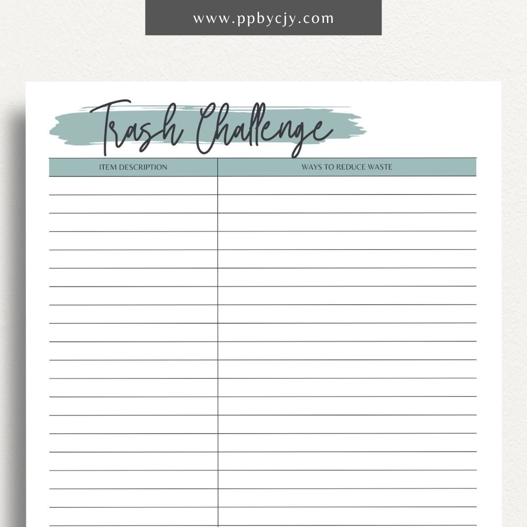 Eco-Friendly Trash Challenge Printable Template – Digital download for organizing and tracking efforts to reduce waste, including goals, activities, and progress in an eco-friendly trash challenge