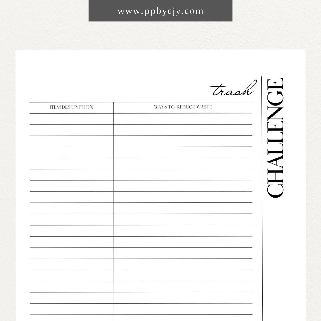 Eco-Friendly Trash Challenge Printable Template – Digital download for organizing and tracking efforts to reduce waste, including goals, activities, and progress in an eco-friendly trash challenge