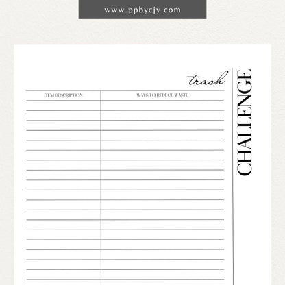 Eco-Friendly Trash Challenge Printable Template – Digital download for organizing and tracking efforts to reduce waste, including goals, activities, and progress in an eco-friendly trash challenge