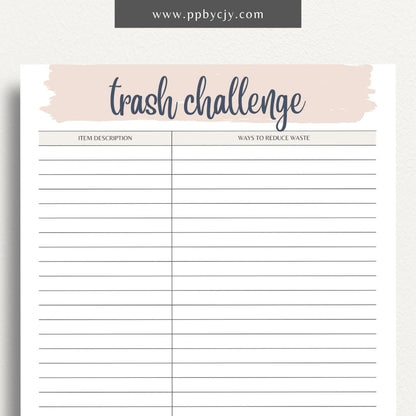 Eco-Friendly Trash Challenge Printable Template – Digital download for organizing and tracking efforts to reduce waste, including goals, activities, and progress in an eco-friendly trash challenge