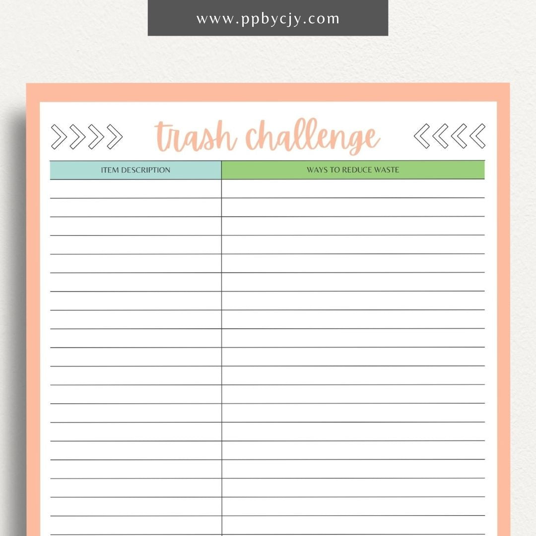 Eco-Friendly Trash Challenge Printable Template – Digital download for organizing and tracking efforts to reduce waste, including goals, activities, and progress in an eco-friendly trash challenge