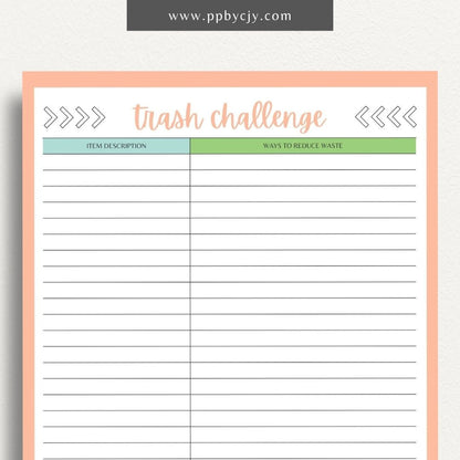 Eco-Friendly Trash Challenge Printable Template – Digital download for organizing and tracking efforts to reduce waste, including goals, activities, and progress in an eco-friendly trash challenge