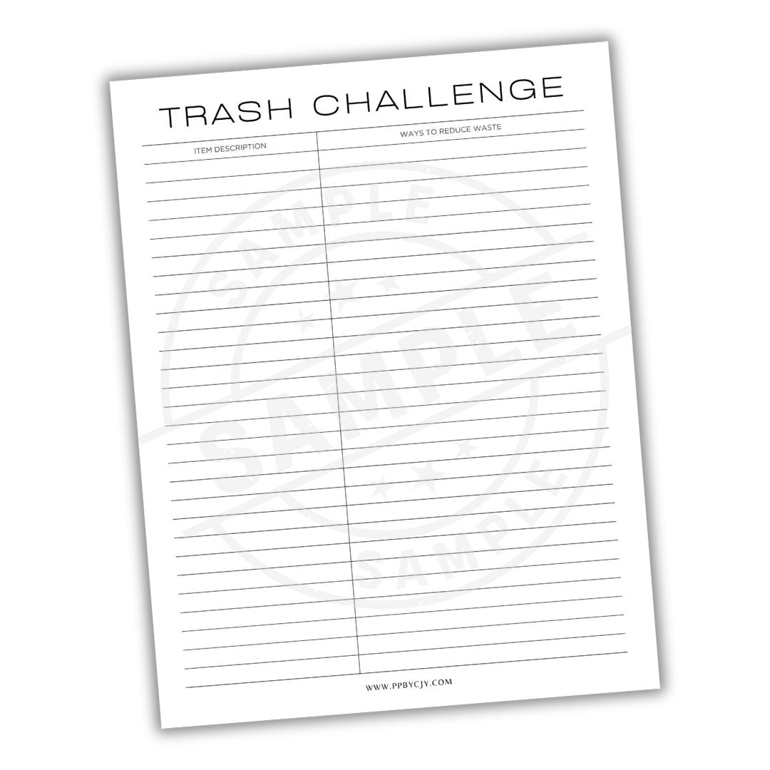 Sheet titled 'Trash Challenge' with columns for item description and ways to reduce waste on a white background.