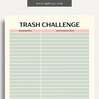 Eco-Friendly Trash Challenge Printable Template – Digital download for organizing and tracking efforts to reduce waste, including goals, activities, and progress in an eco-friendly trash challenge