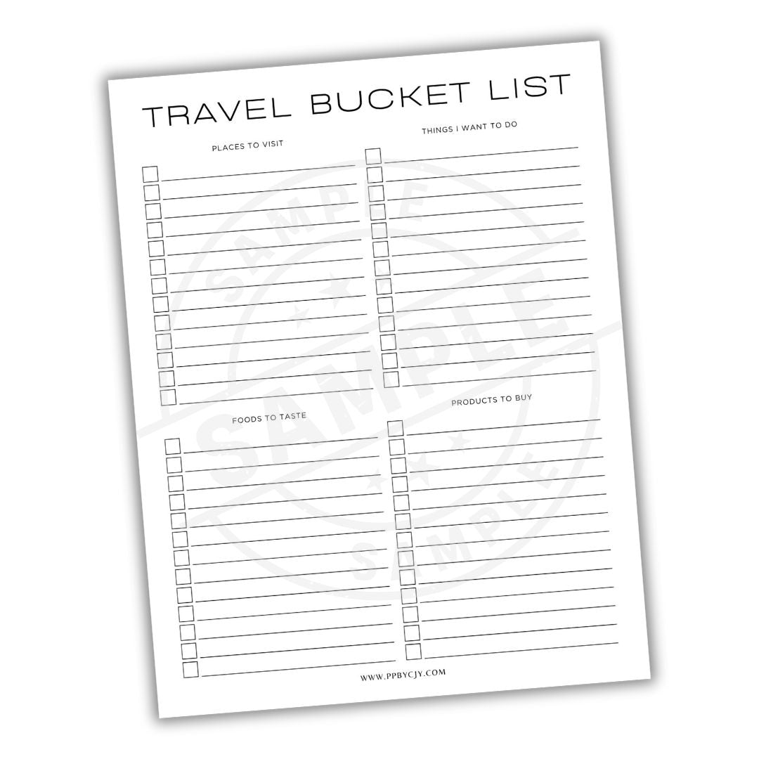 Travel bucket list sheet with checkboxes on a white background