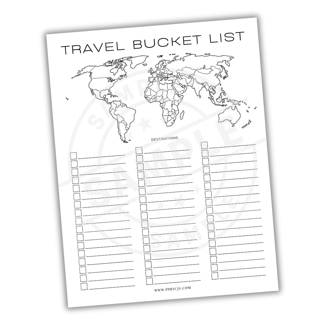Travel bucket list with world map design on a white background
