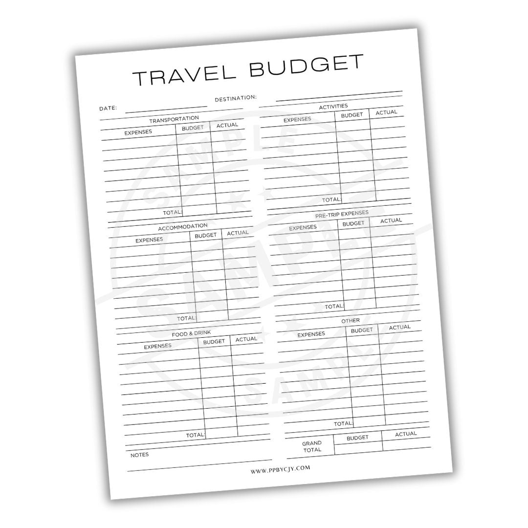 Travel budget sheet with columns for expenses, budget, and actual amounts on a white background.