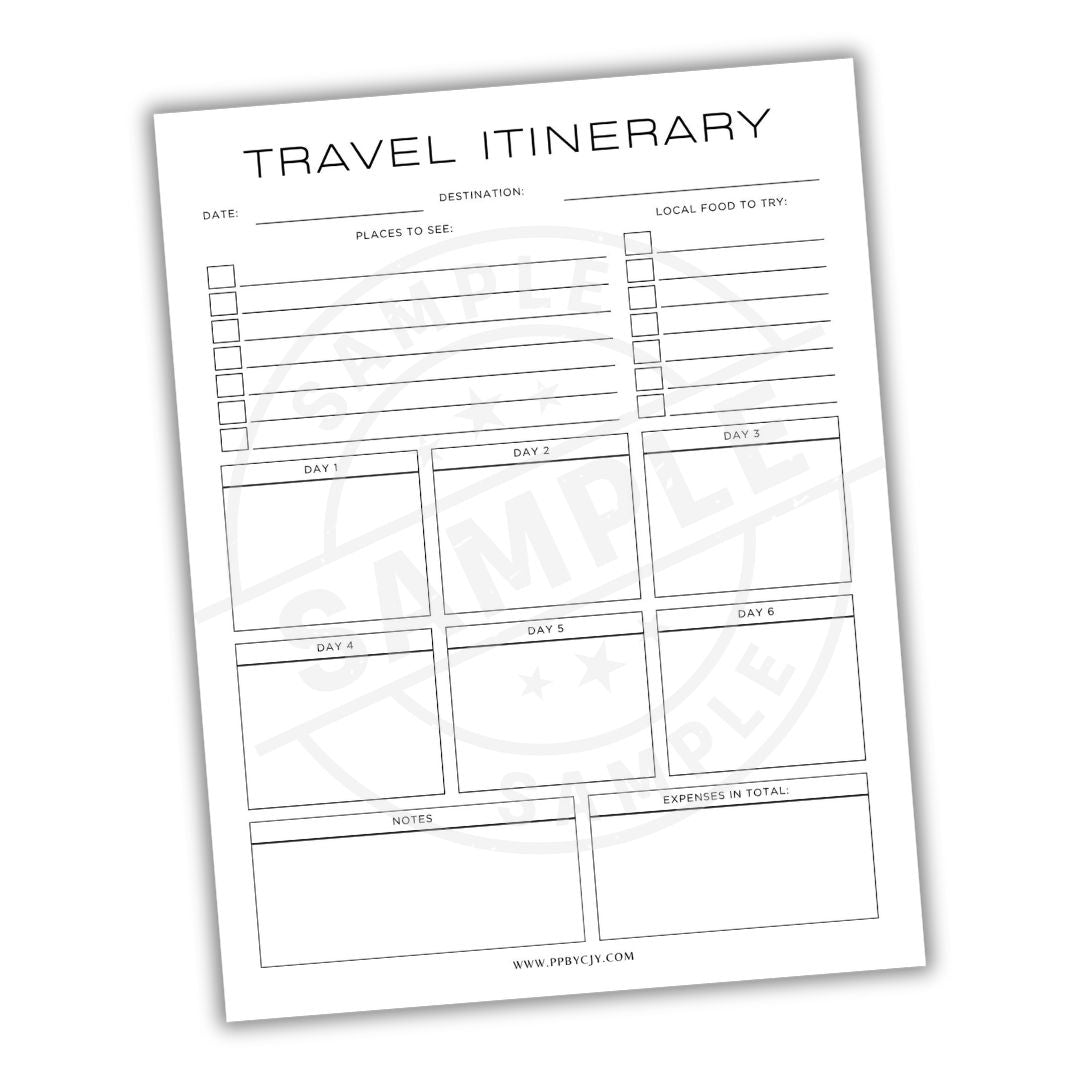 Travel itinerary planner sheet with various sections on a white background