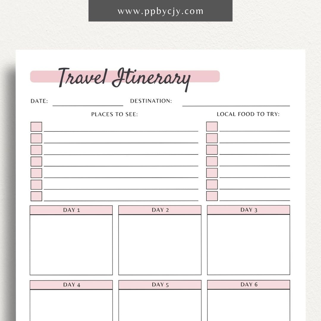 Travel Itinerary Planner Printable PDF Template