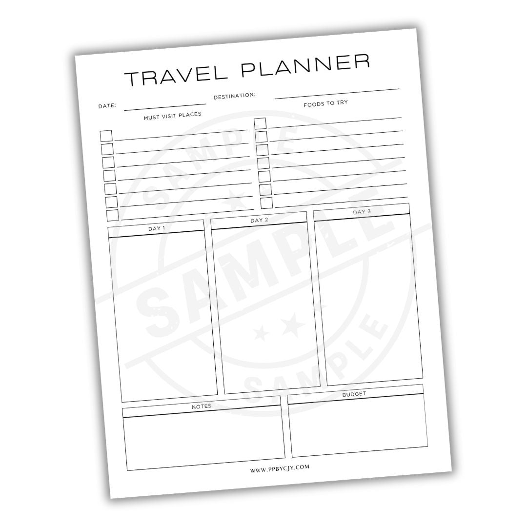 Travel planner sheet with various sections on a white background