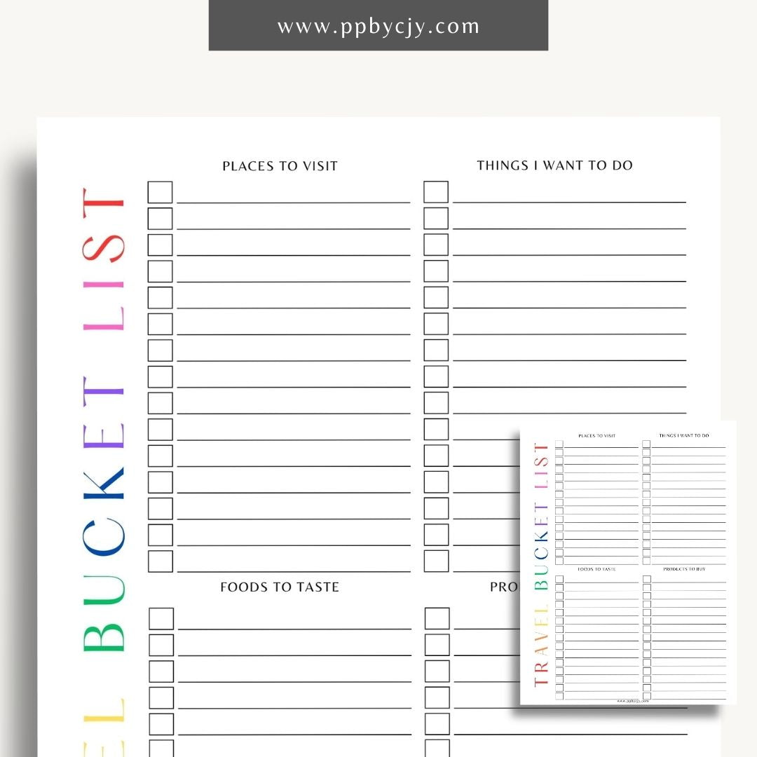 printable template page with columns and rows related to travel bucket list