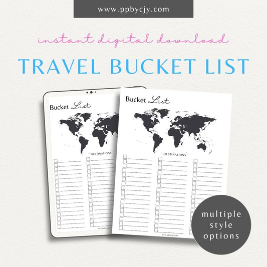 printable template page with columns and rows related to travel bucket list