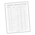 Sheet of paper titled 'Troop Accounting' with a grid layout on a white background.