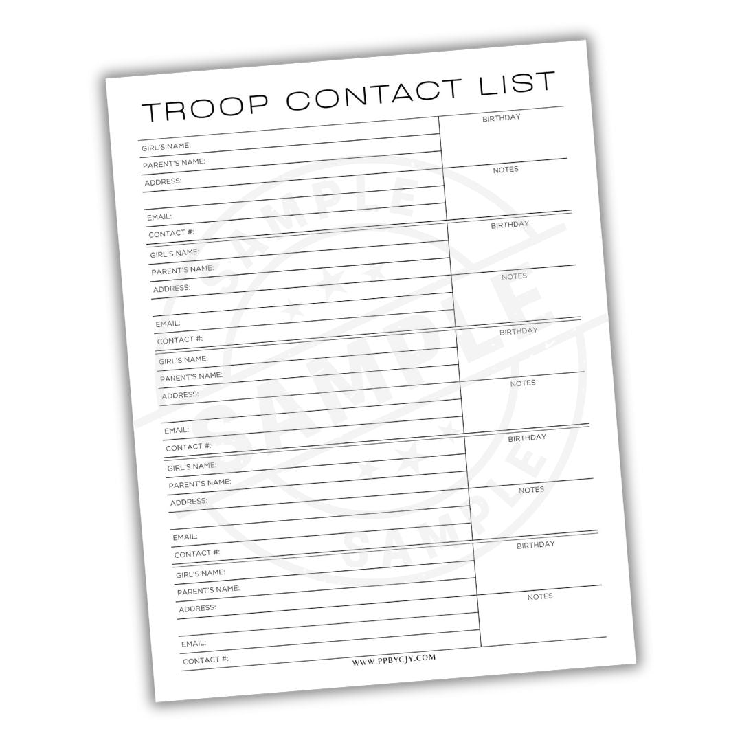 Troop contact list form on a white background