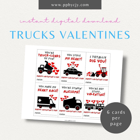 Truck-themed Valentine’s Day cards featuring police car, ambulance, fire truck, garbage truck, dump truck, and bulldozer designs with playful love quotes.

