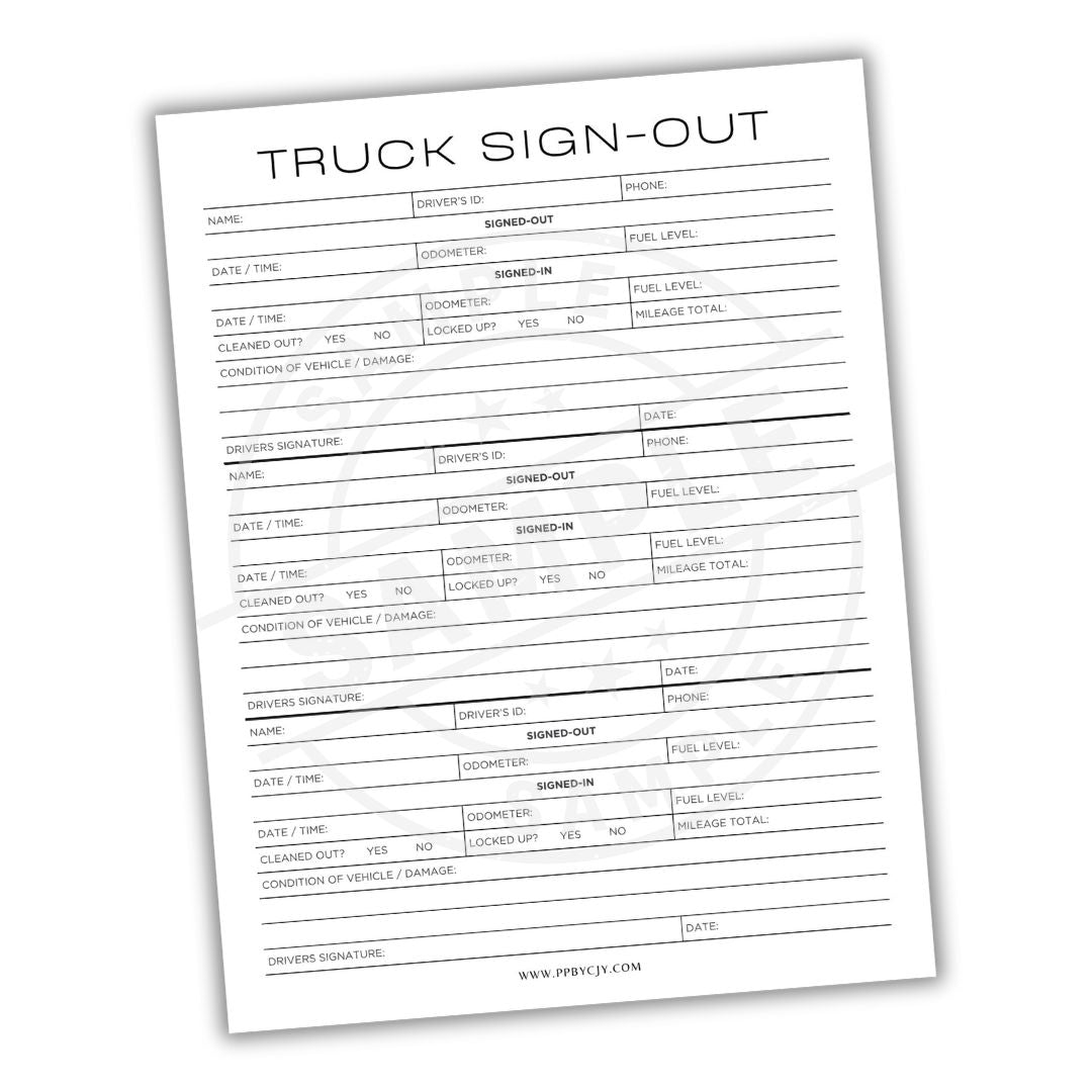 Truck sign-out sheet on a white background