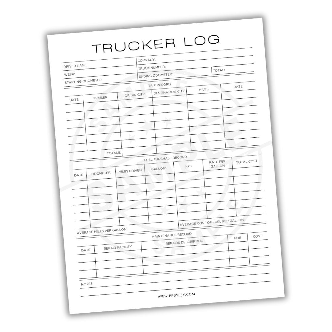 Trucker log sheet with various fields for recording truck-related information on a white background.