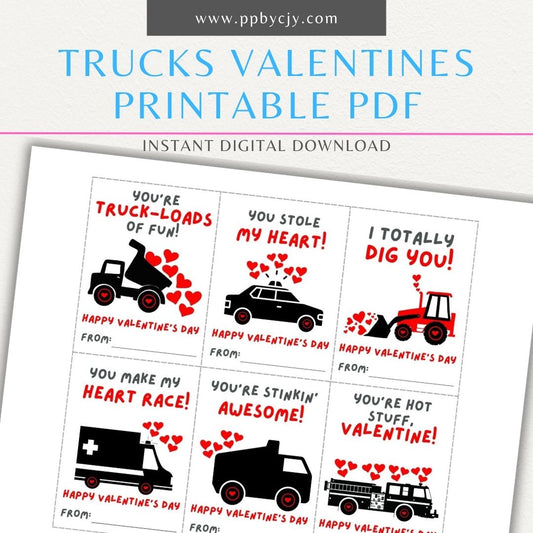 Truck-themed Valentine’s Day cards featuring police car, ambulance, fire truck, garbage truck, dump truck, and bulldozer designs with playful love quotes.
