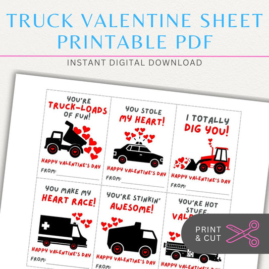 Truck-themed Valentine’s Day cards featuring police car, ambulance, fire truck, garbage truck, dump truck, and bulldozer designs with playful love quotes.
