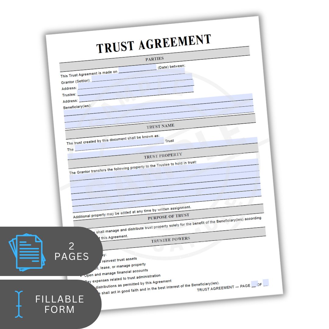 Trust agreement form with fillable text on a white background