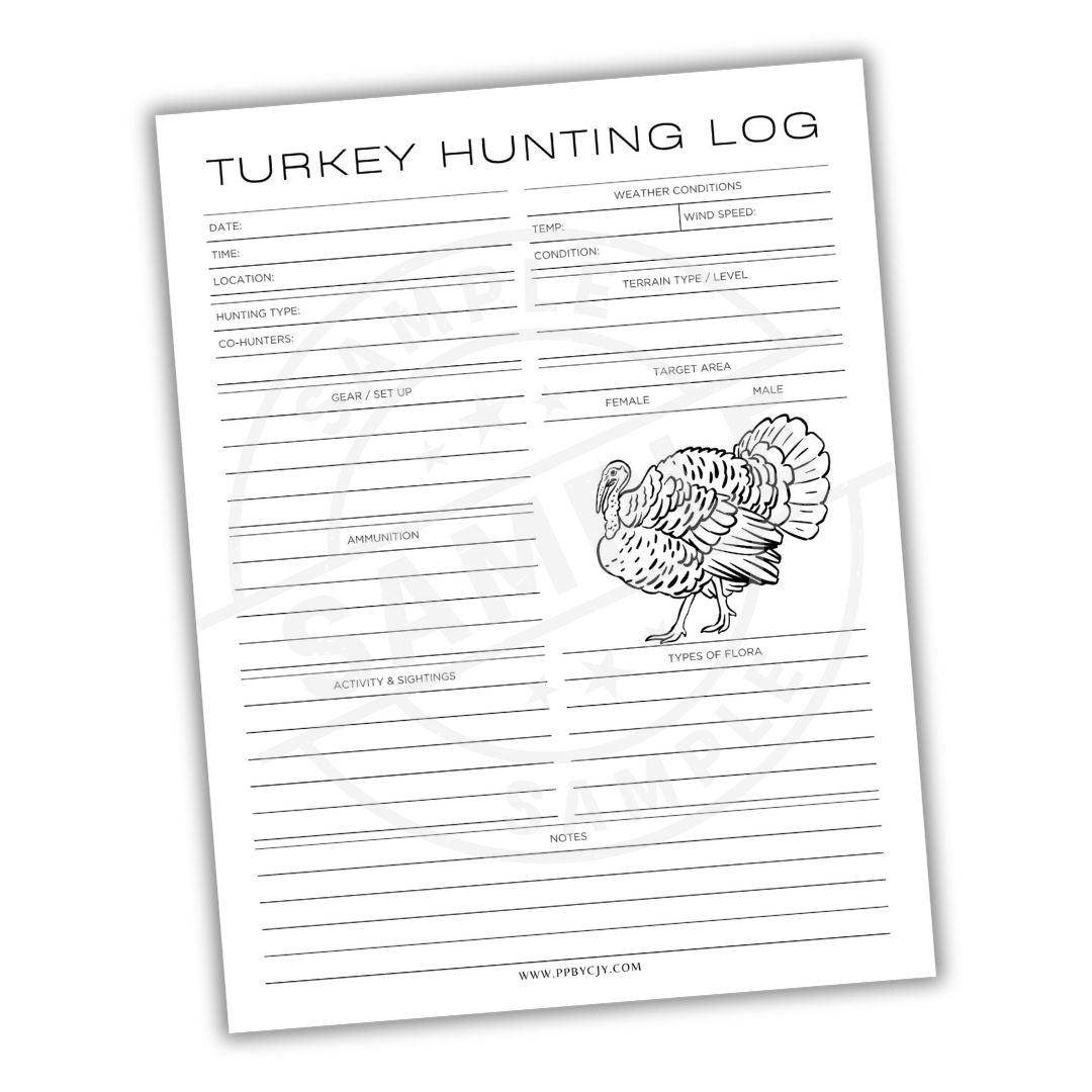 Turkey hunting log sheet with a turkey illustration on a white background