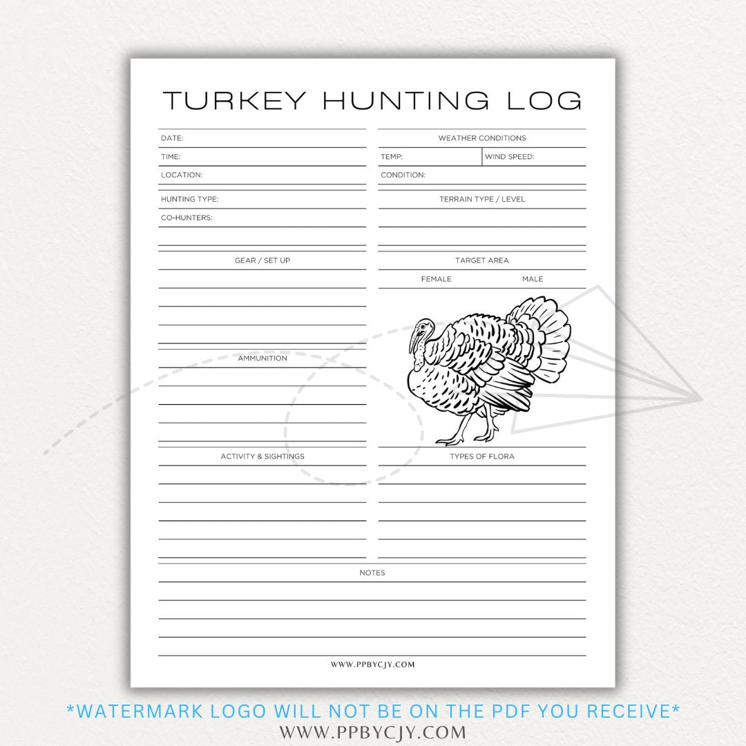 Turkey Hunting Log Printable PDF Template for tracking hunting details and harvests.
