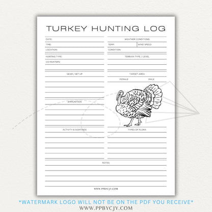 Turkey Hunting Log Printable PDF Template for tracking hunting details and harvests.
