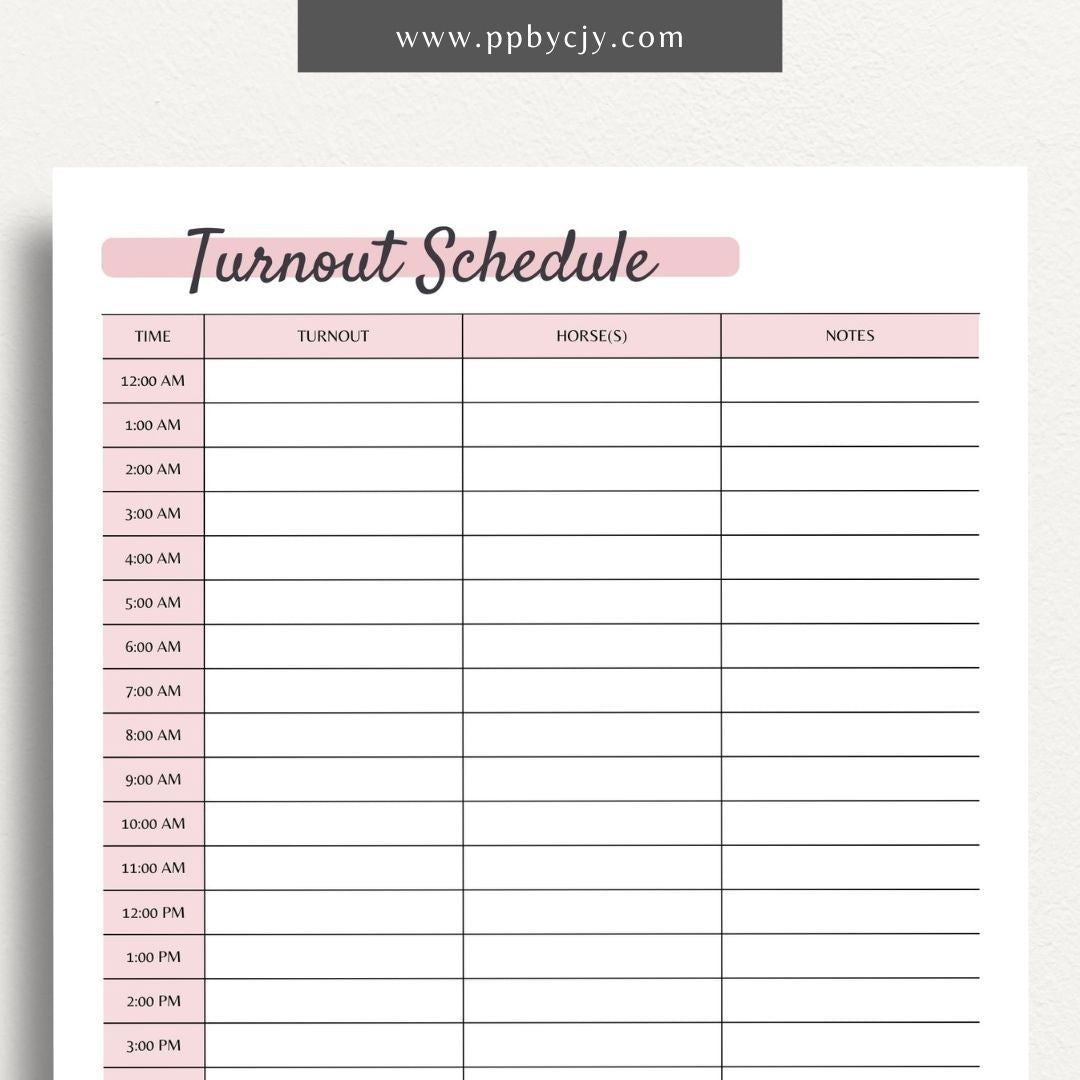 Equine Horse Turnout Schedule Printable PDF Template
