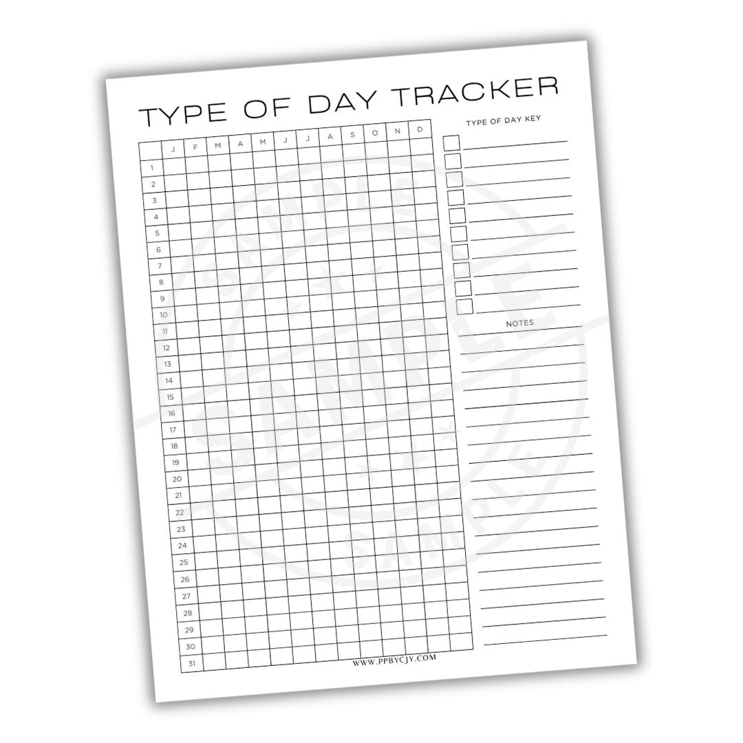 Type of Day Tracker sheet with grid and key on a white background