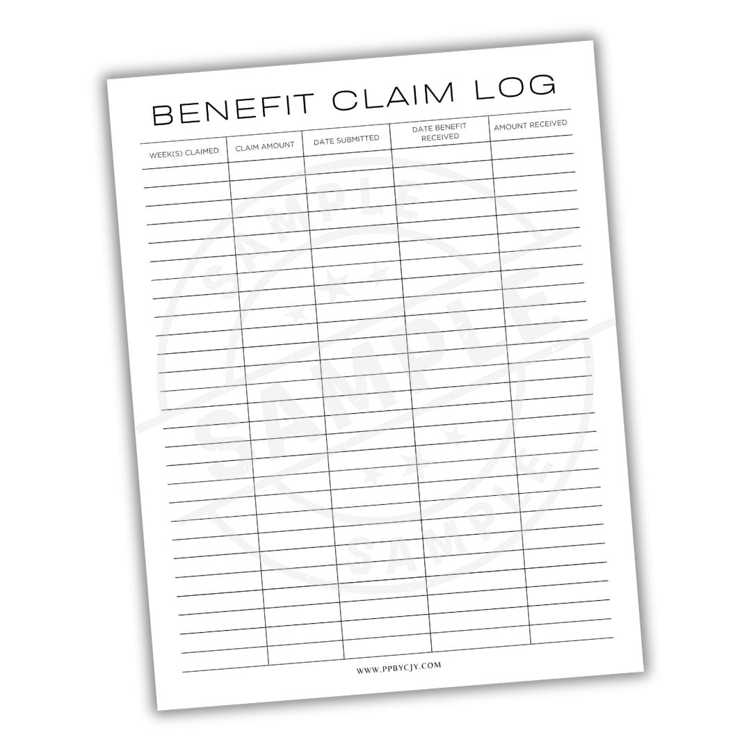 Benefit claim log sheet with columns for various details on a white background