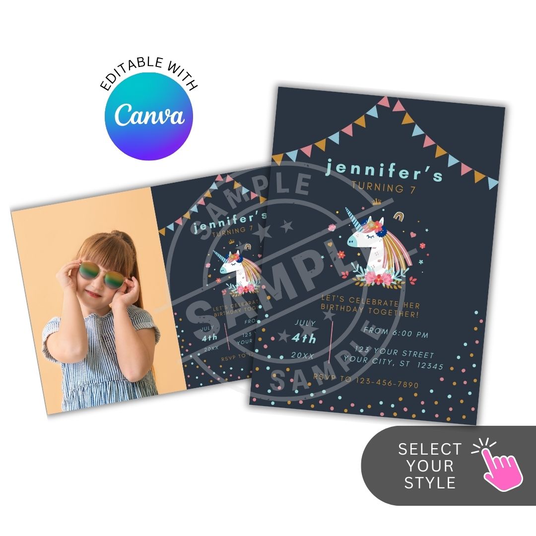 Unicorn-themed birthday invitation card with editable text overlay on a white background