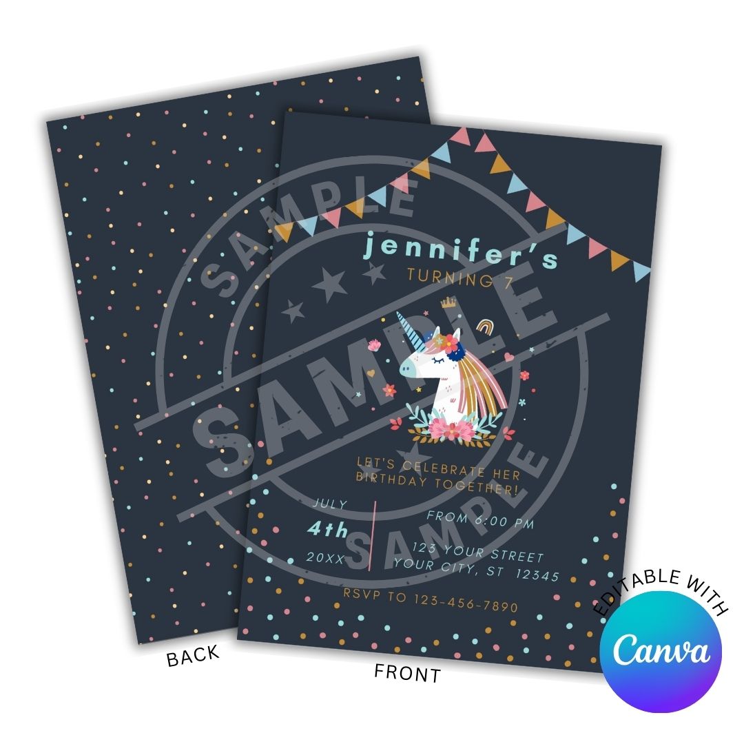 Unicorn-themed birthday invitation card with Canva branding