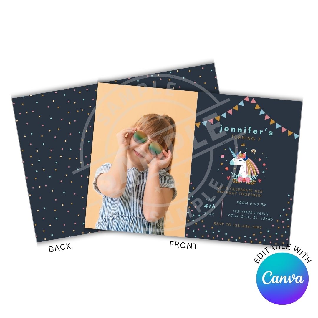 Children's birthday party invitation with a photo of a child on the front and text on the back, featuring Canva branding.