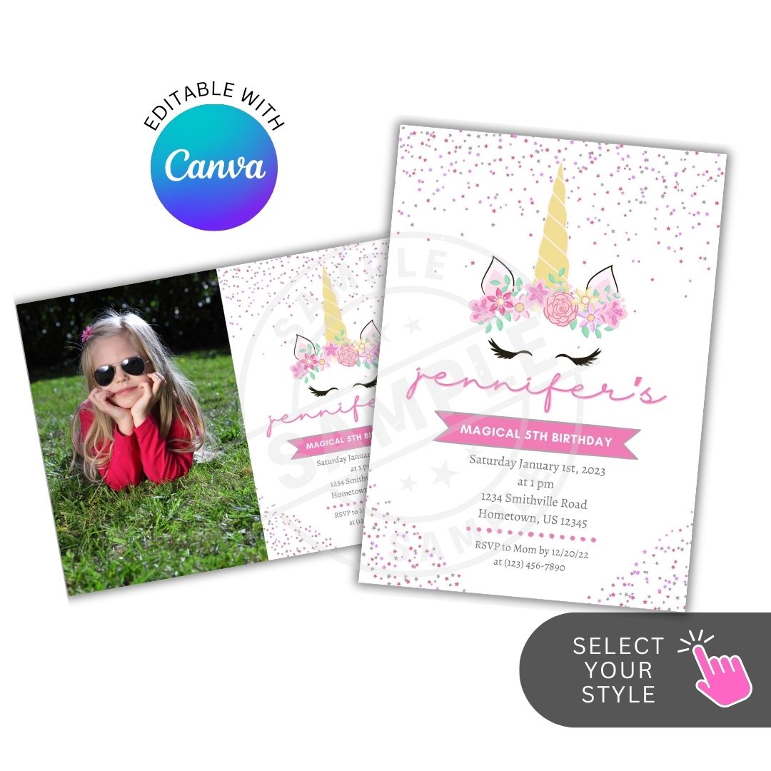 Unicorn-themed birthday invitation with a photo of a girl and Canva branding.