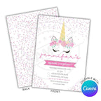 Unicorn-themed birthday invitation with Canva branding