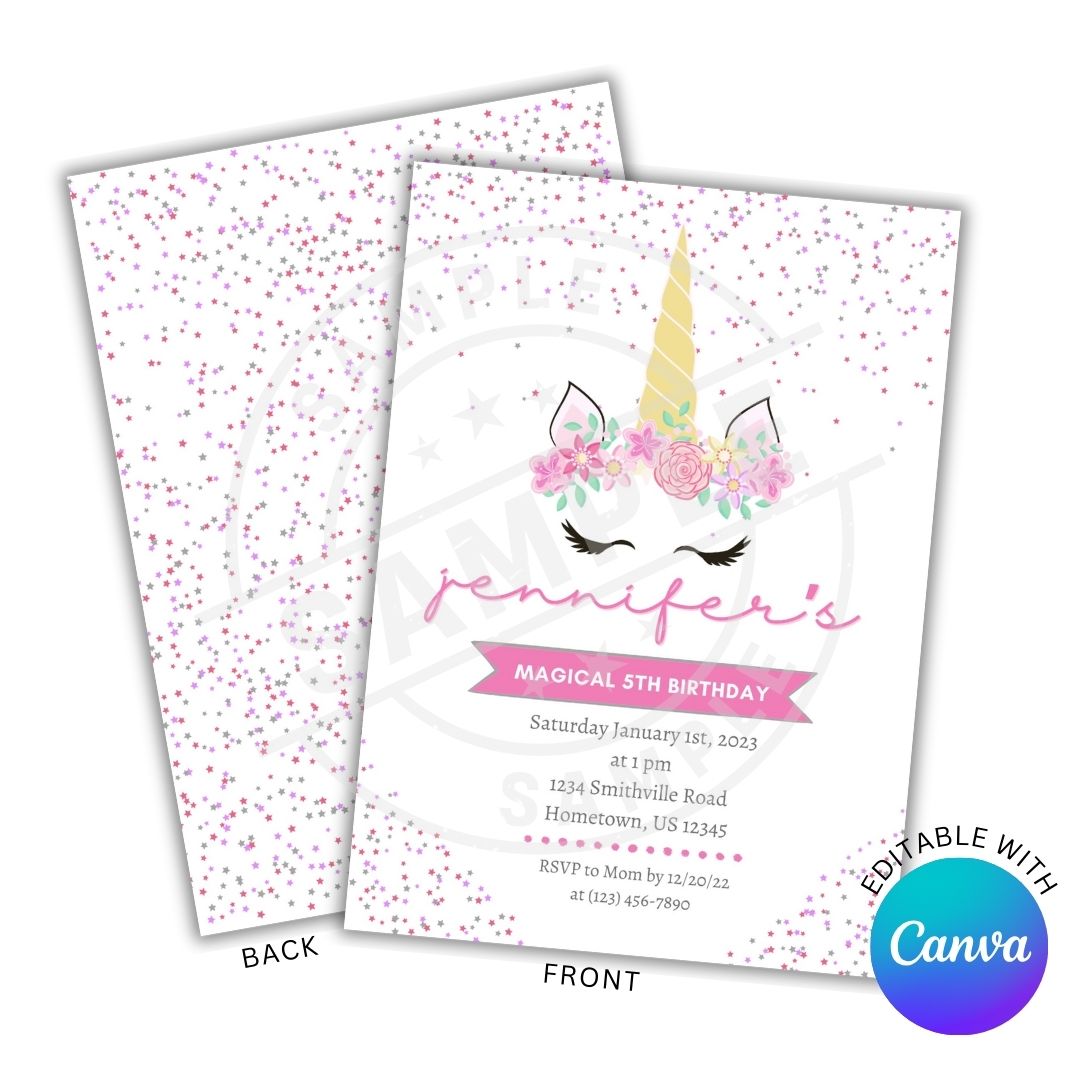 Unicorn-themed birthday invitation with Canva branding