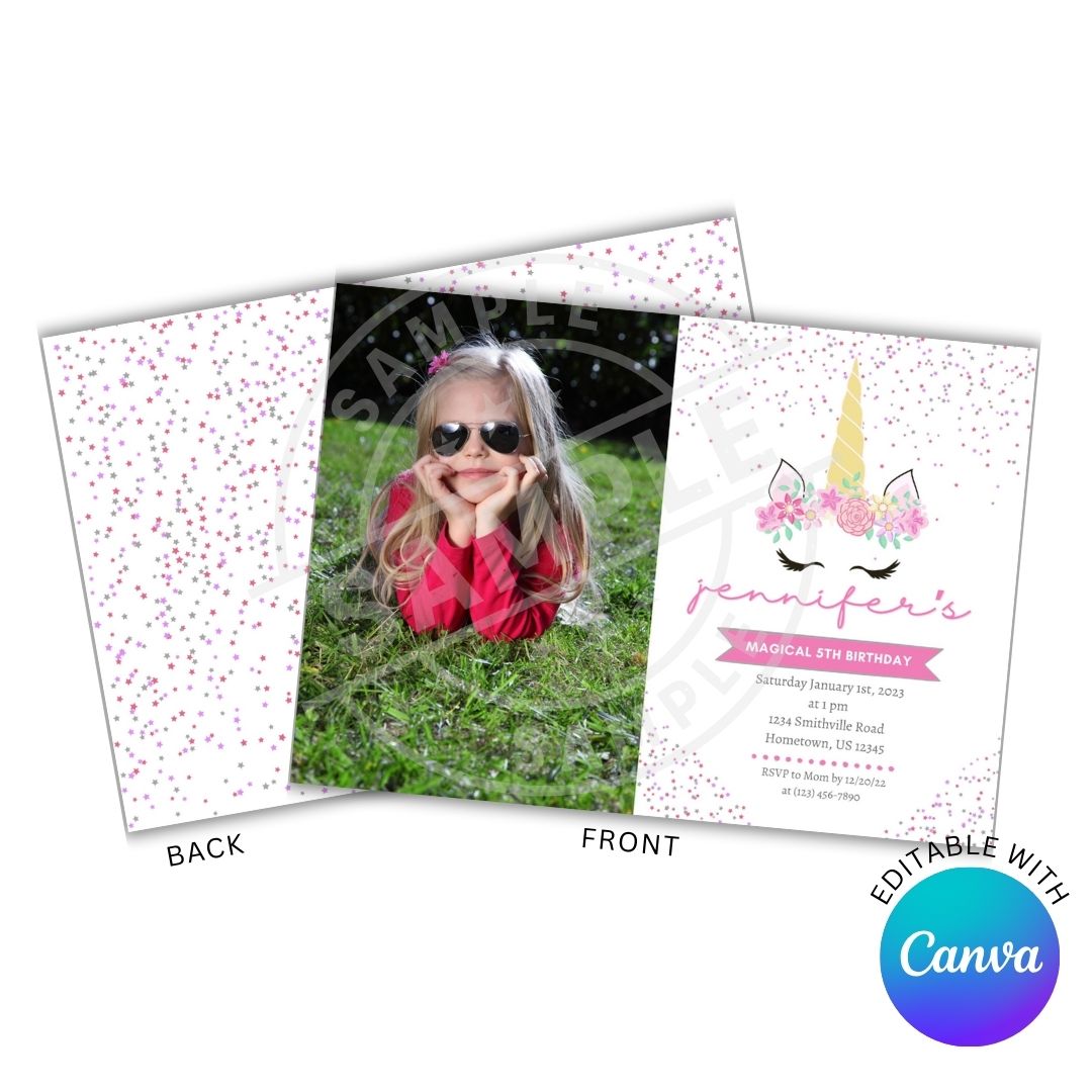 Birthday invitation card with a girl's photo and unicorn design, featuring Canva branding.
