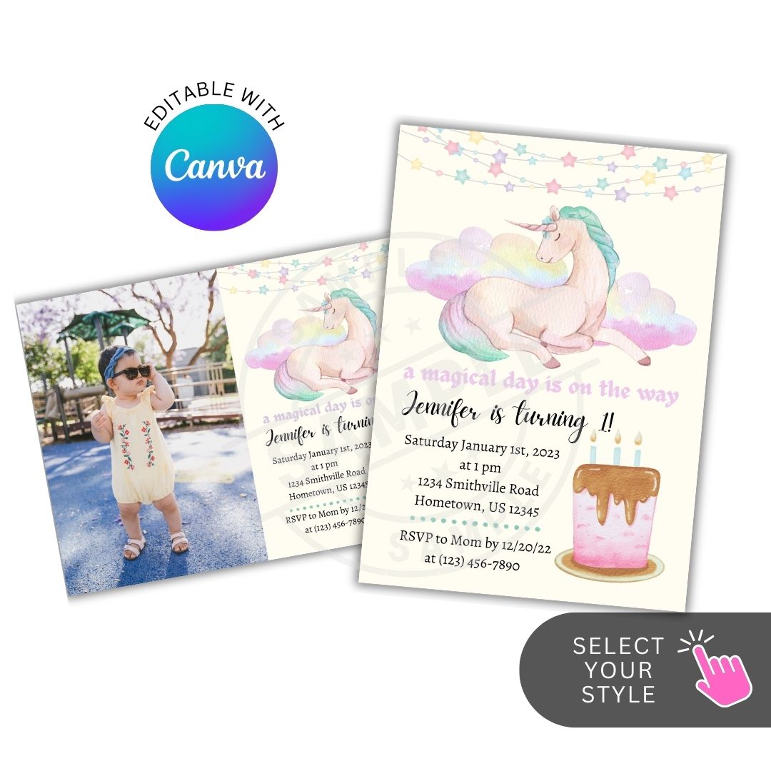 Unicorn-themed birthday invitation with editable text overlay on a white background