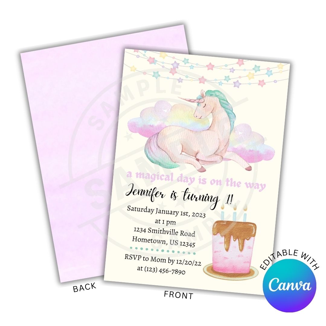 Unicorn-themed birthday invitation card with a pink envelope on a white background