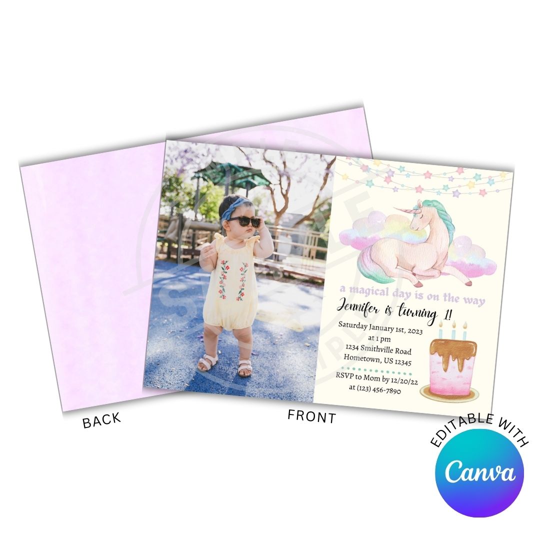 Invitation card with a child and unicorn design, featuring Canva branding.
