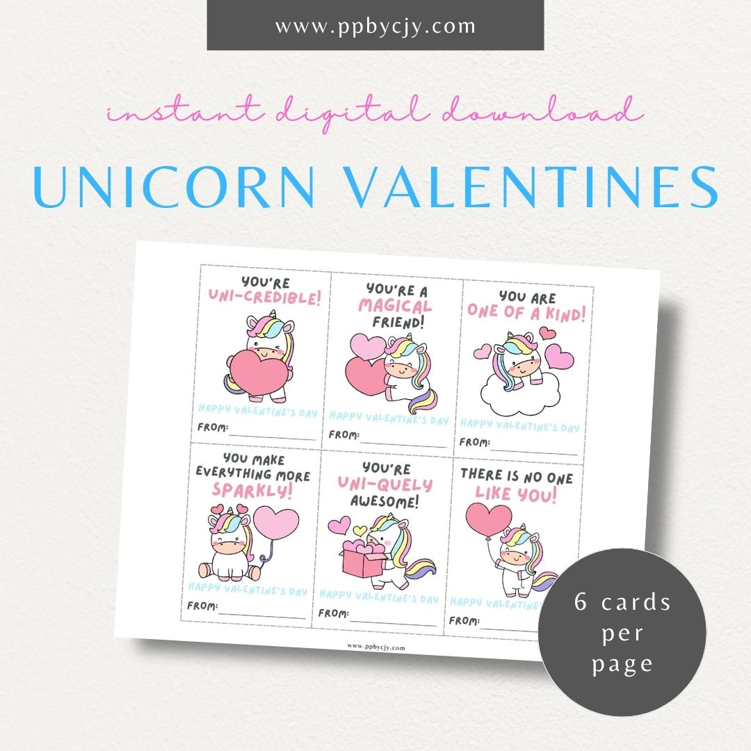 Unicorn-themed Valentine’s Day cards with adorable unicorn designs and magical love quotes for a whimsical Valentine’s greeting.

