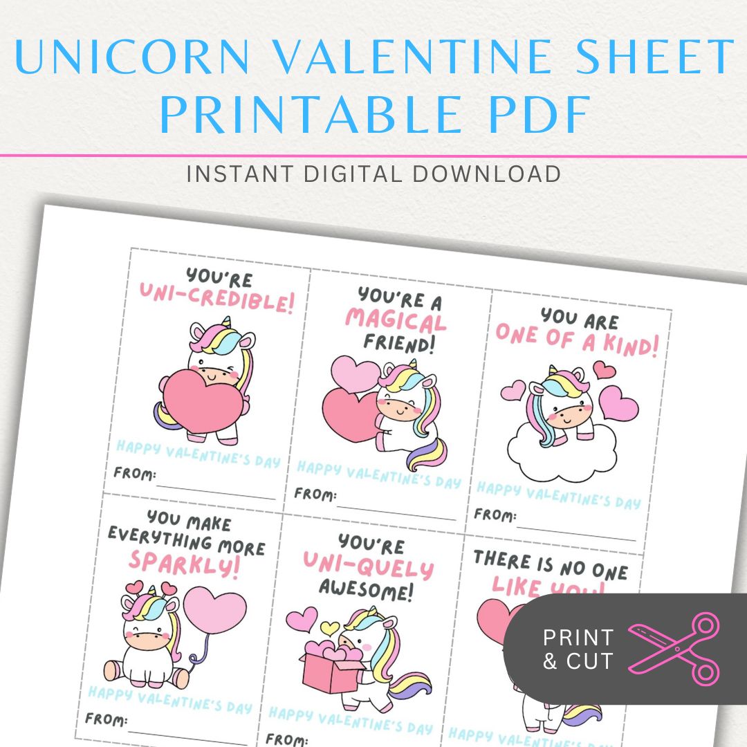 Unicorn-themed Valentine’s Day cards with adorable unicorn designs and magical love quotes for a whimsical Valentine’s greeting.
