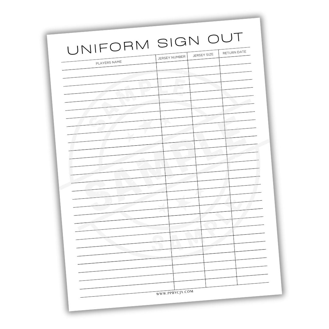 Uniform sign-out sheet with a white background