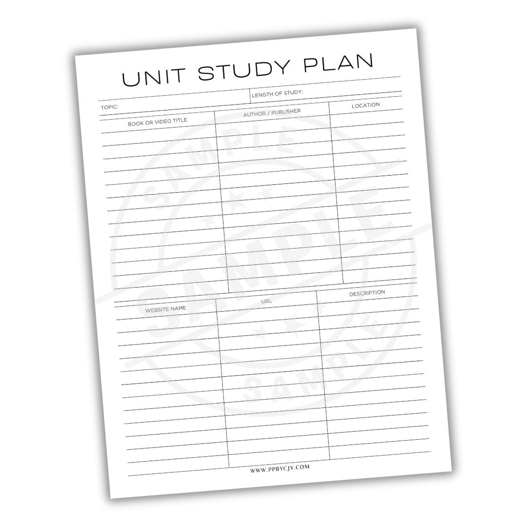 Unit study plan sheet with columns for topic, book or video title, length of study, and other details.
