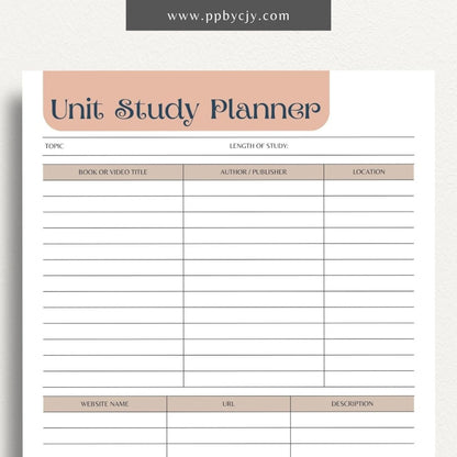 Unit Study Planner Printable Template – Digital download for organizing and managing unit studies, including lesson plans, goals, resources, and schedules